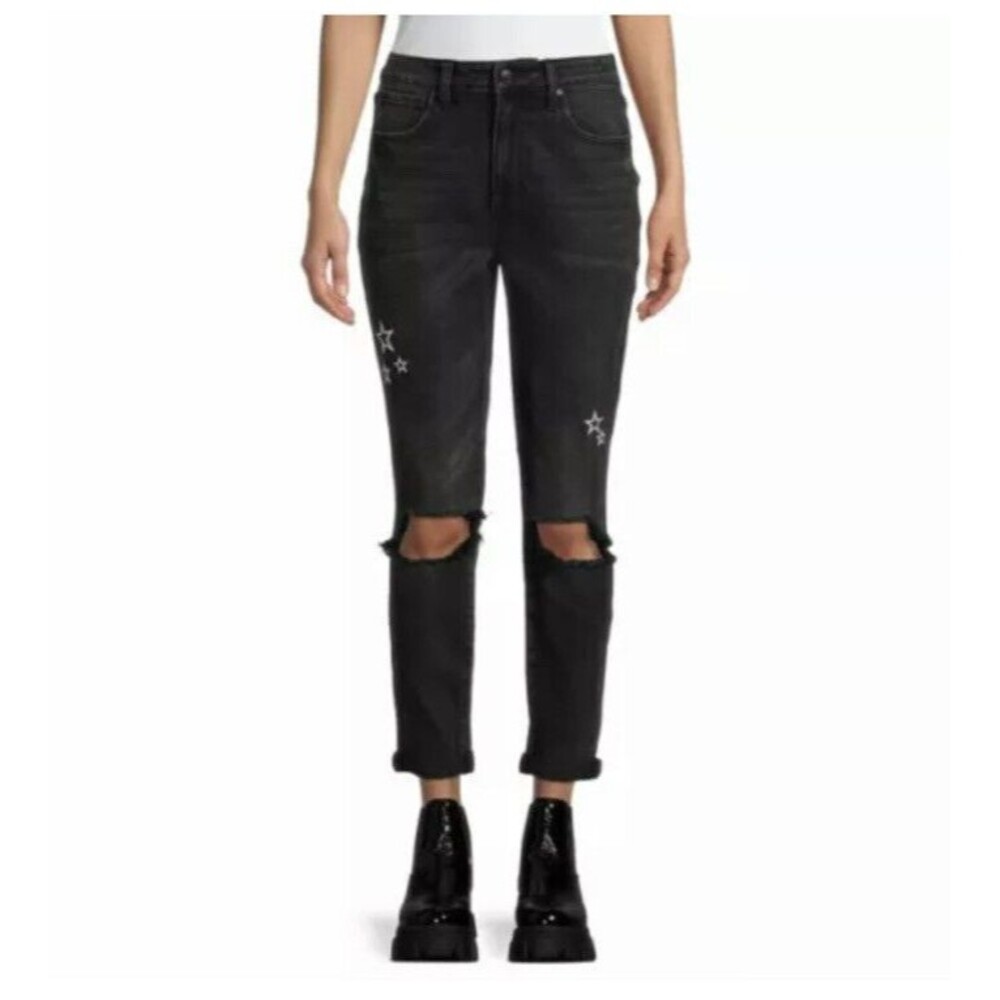 No Boundaries Womens Super High Rise Destructed Mom Jeans Black Size 7 NWT